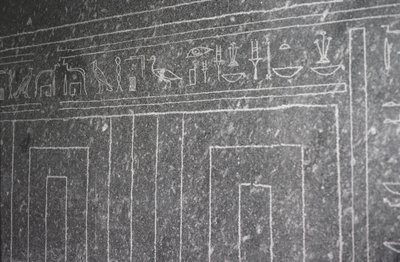 Sunk Relief showing a temple of the Apis Bull sarcophagus in the Serapeum, New Kingdom by Egyptian 26th Dynasty